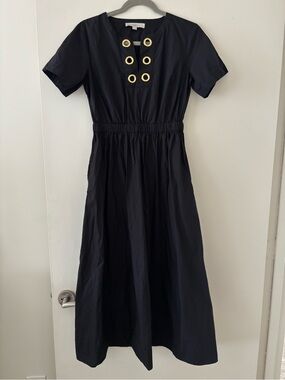 LOFT Black Short-Sleeve Midi Dress with Gold Eyelet Detail
